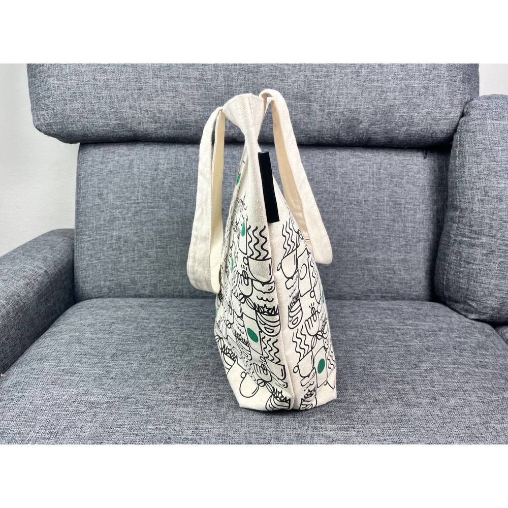 Starbucks Travel Tote Bag Cotton Canvas Coffee Cup Doodle Print Cream Green 2017 - Picture 2 of 14